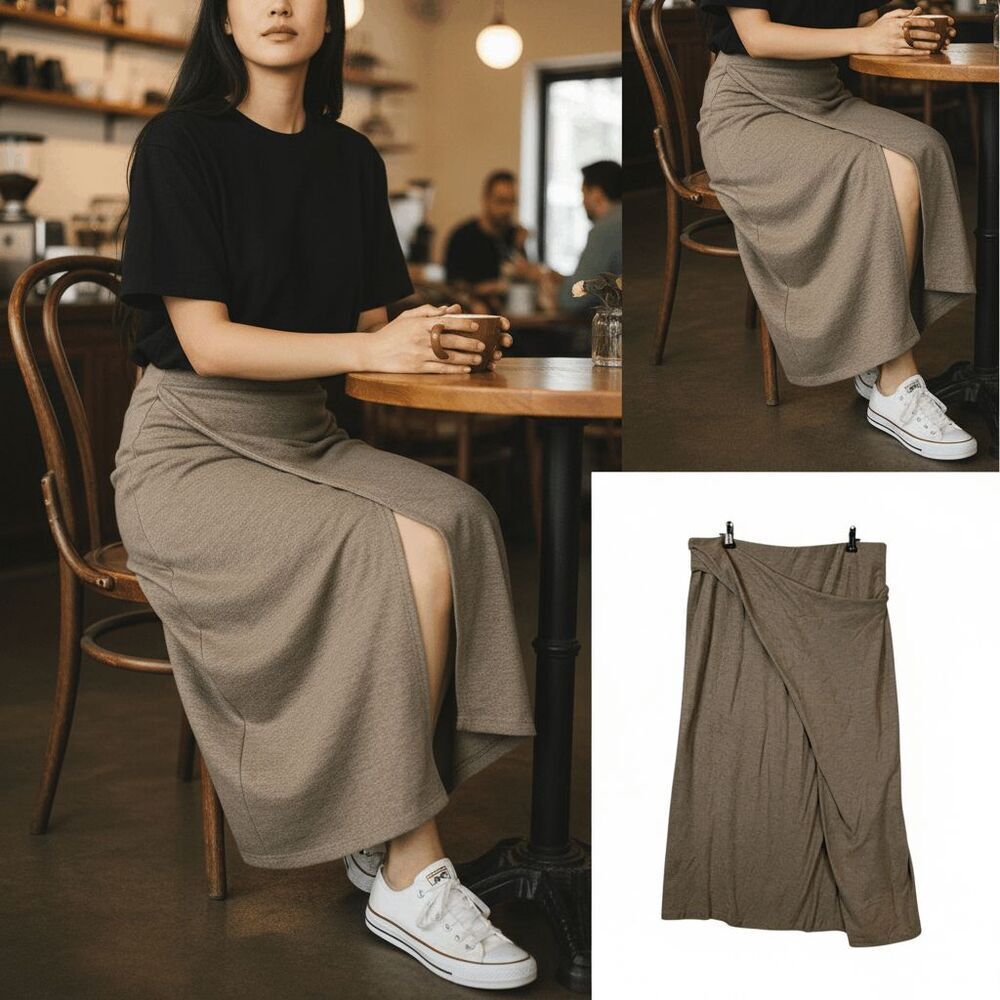 Vince Lyocell‎ Pull On Faux Wrap Skirt Draped Front Slit Marled Khaki Size Large